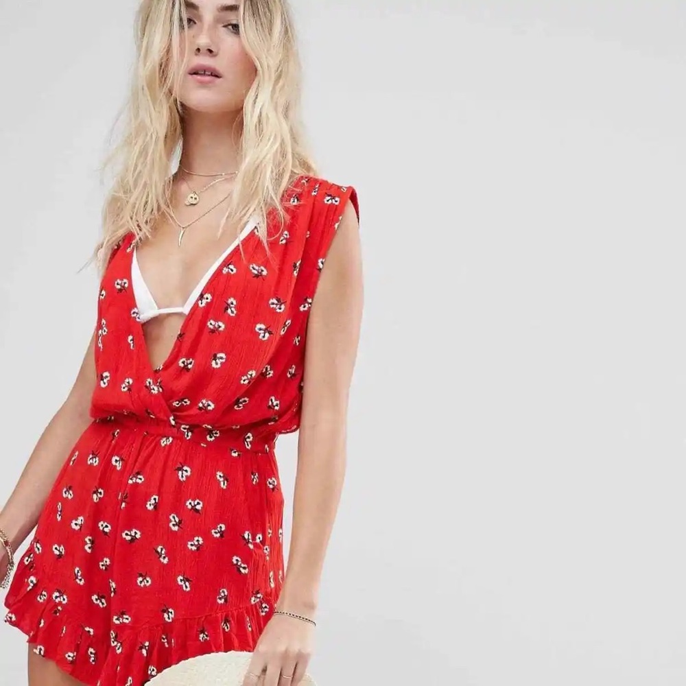 Billabong red floral romper cover up